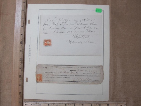 Hand Written Receipt from 1870 and Holly, Wayne & Monroe Railway Company Receipt 1869