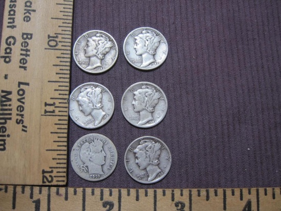 Six Silver US Dimes, 5 Mercury (5) 1942-D and 1910 Barber, 14.4 g