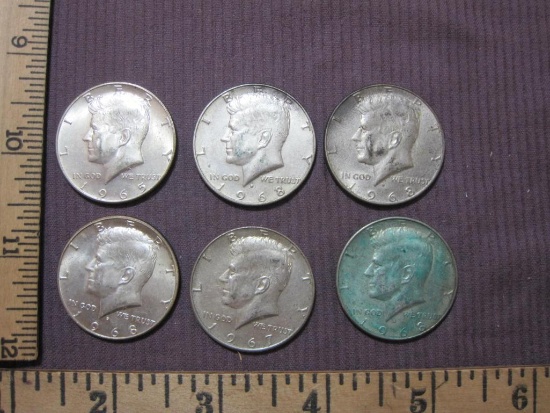 Six JFK Kennedy Half Dollar Coins: 1965, 1967, and (4) 1968-D, 68.4 g
