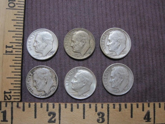 Six Silver Roosevelt Dimes: 1953, 1953-D, 1962, 1950-D, and (2) 1964, 15.0 g