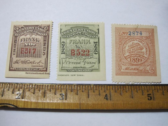 Three telegraph stamps: 1889 Western Union; 1895 Western Union; 1899 Postal Telegraph Company