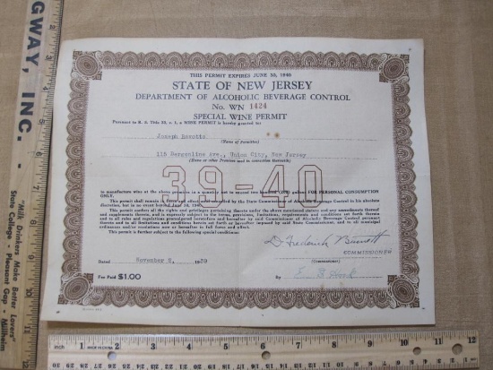 State Of New Jersey Special Wine Permit 1939-1940