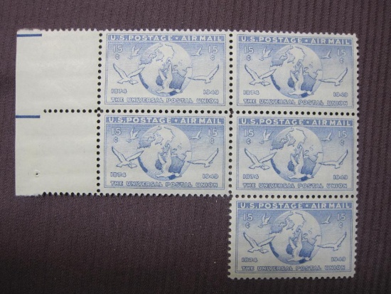 Block of 5 1949 15 cent Globe & Doves/Universal Postal Union US Air Mail stamps, #C43