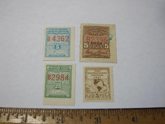 Complimentary telegraph value cent stamps: 3 Western Union (1931, 1940, 1945) and 1 World