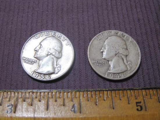 Two Silver Washington US Quarters: 1941, 1956. 12.3 g