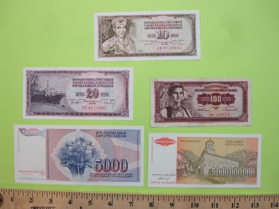 Lot of 5 Paper Currency Notes from Yugoslavia