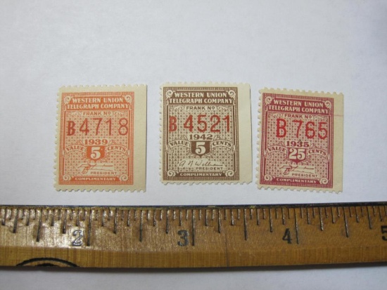 Three Western Union Complimentary Value Cents stamps: 1935; 1939; 1942