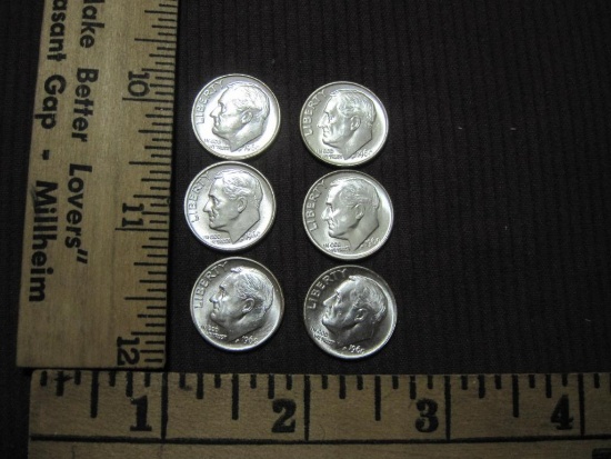 Six Uncirculated 1960-P Silver Roosevelt Dimes, 14.9 g