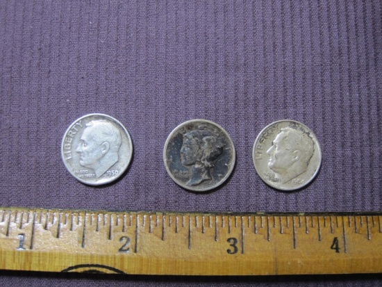 One 1942 Silver Mercury Dime and 2 Silver FDR Dimes (1950 and 1964. 7.3 g