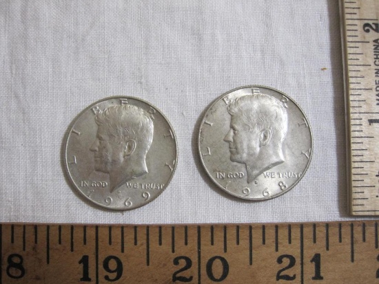 Two Kennedy Half Dollar Coins, 1968 & 1969, 23 g