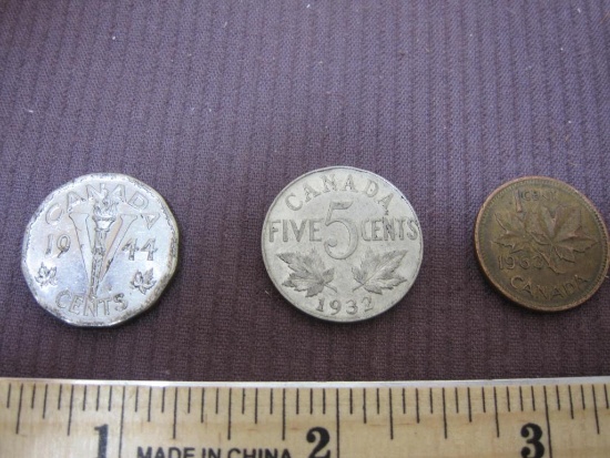 Three Canadian Coins including 1944 Nickel, 1932 Nickel, and 1963 One Cent