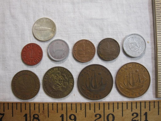 Lot of Assorted Foreign Coins including 1948 & 1966 GB Half Penny, 1950 German 1 & 10 Pfennig, and