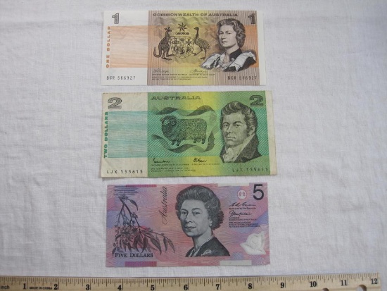 Three Paper Currency Notes from Australia including 1, 2 & 5 Dollars