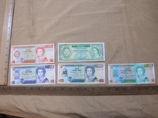 Five Excellent Condition Paper Currency Notes from Belize including 1976 One Dollar and several 1982