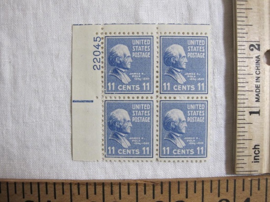 James K Polk 11 cent US Postage Stamps, Scott #816 block of four in mint condition