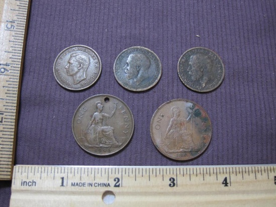 Lot of Great Britain Foreign Coins including 1940 Half Penny, 1916 Half Penny, 1967 One Penny and