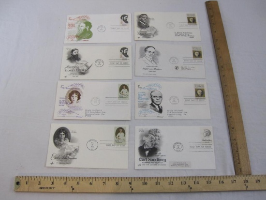 Eight Poet First Day Covers featuring Sidney Lanier, Emily Dickinson, Edgar Lee Masters and Carl