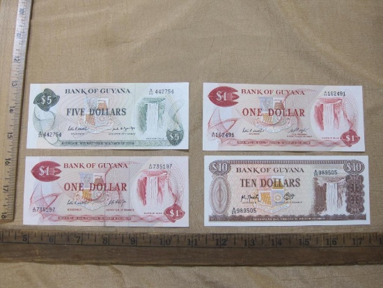 Four Excellent Condition Paper Currency Notes from Guyana including One, Five and Ten Dollars