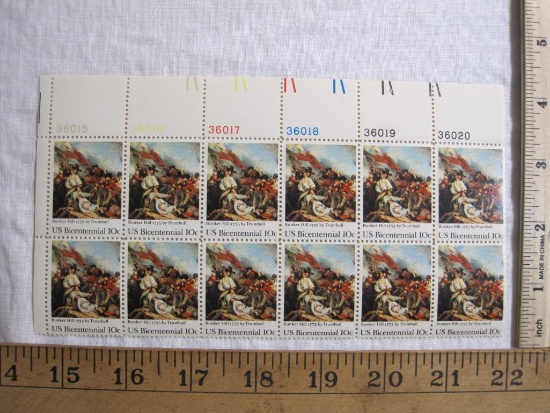 Large Block of 12 Bunker Hill US Bicentennial 10-Cent US Postage Stamps, Scott #1564