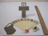 Lot of Religious Items including metal God Bless Our Home sign, cross display with bible verse, fan,