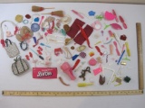 Lot of Assorted Doll Accessories and Pieces including Barbie hangers, hats, brushes and more, 13 oz