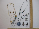 Lot of Women's Jewelry including blue gemstone brooch/pendant, glass beaded necklace, gold tone