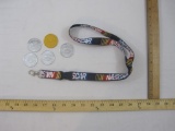 Lot of NASCAR items including break-away lanyard and 5 expired tokens for free Checkers burgers, 2