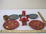 Lot of Painted Wooden Dishes including 4 plates, goblets, and candle holders, most made in Sweden, 1
