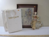 Bob Mackie Platinum Barbie Doll with Framed Reproduction of Original Signed Fashion Illustration,