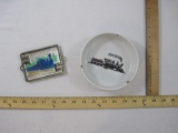 Two Train Ashtrays including metal Pink Creek Railroad Allaire New Jersey and ceramic by Belcrest,