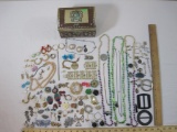Large Lot of Assorted Jewelry Pieces and Parts in Treasure Chest Tin, AS IS, see pictures for
