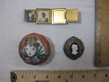Lot of Assorted Jewelry Items including 4-picture frame, Cameo Scarf Pin, vintage buttons, and