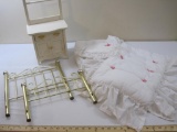 Assorted American Girl Accessories including brass bed, comforter, and commode, AS IS, see pictures