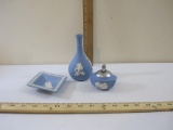 Three Pieces of Wedgwood Collectibles including Ronson table lighter, vase, and diamond shaped dish,