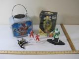 Lot of Power Rangers Toys including Treat Bucket, Action Figures, and Vinyl Bank in original box, 2