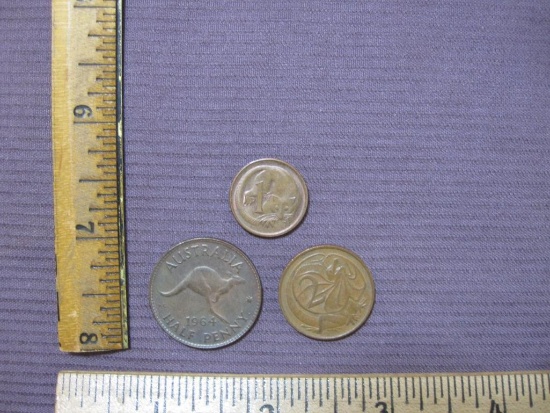 Three 1960s Australian coins: 1964 Australia Half Penny; 1966 Two Cents; 1967 One Cent
