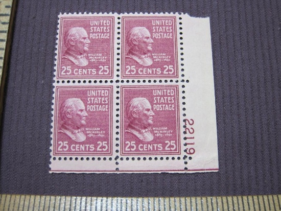 Block of 4 1938 William McKinley 25 cent US postage stamps, #829