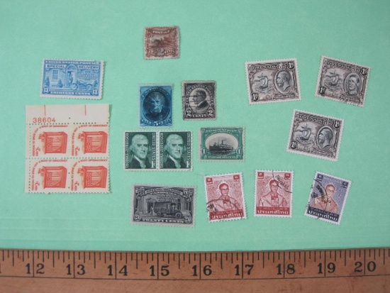 Lot of US Postage Stamps including block of 2 Thomas Jefferson 1-cent and Block of 4 Freedom to