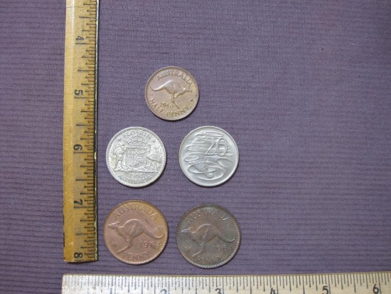Lot of 1960s Australia coins: 1960 Half Penny; 1960 Silver Australia Florin; two 1964 Pennies; one