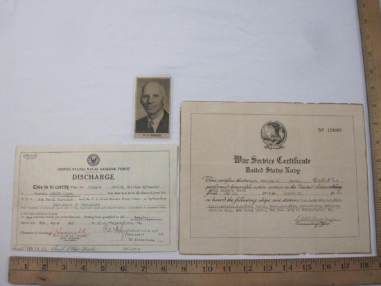 Naval Discharge Certificate for William S. Wright 1921, War Service Certificate and newspaper