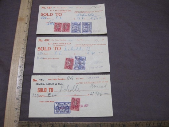 Three 1931 stock-transfer certificates with Internal Revenue stock transfer stamps. Two from E.F.