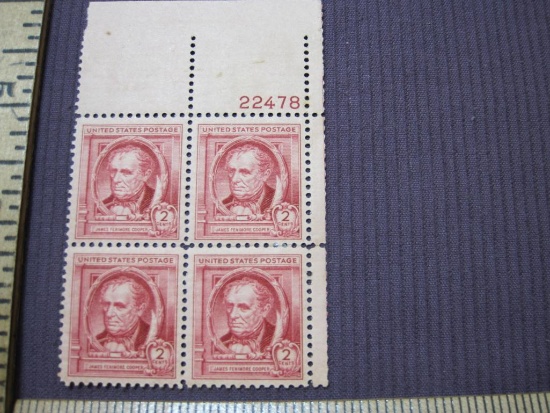 Block of 4 1940 James Fenimore Cooper 2 cent US postage stamps, #860