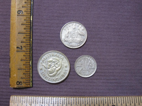 Three 1960s Australian coins: 1961 Shilling, 1961 Six Pence and 1962 Three Pence