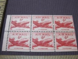 Six 1949 6 cent DC-4 US Air Mail stamp block, #C39a
