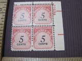 Postage due 5 cent block of 4 1959 US postage stamps, #J93