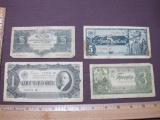 Lot of 4 1930s Russia currency: 1934 Russia Soviet 5 Rubles; 1937 1 Chervonets with image of Lenin;