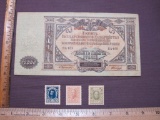 1919 Russia 10,000 Rubles note and Czarist Russia set of 3 stamps, circa 1915