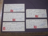 Five 1901 Flemington National Bank canceled checks, each with a 2 cent Internal Revenue Documentary