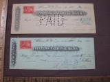 Two Citizens National Bank canceled checks, one from 1899, the other 1901, each with a 2 cent