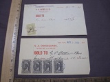 Two stock purchase receipts (1900 and 1901), one with a $10 Internal Revenue Documentary stamp, and